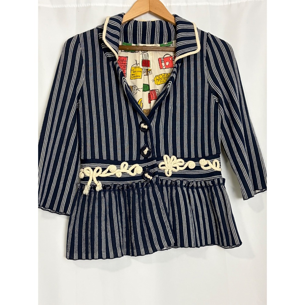 Anthropologie Navy Striped Nautical Blazer Rope Applique Peplum Jacket Small